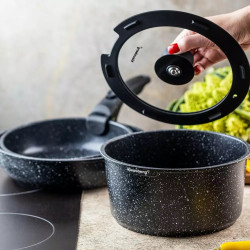 Set cratita si tigai Klausberg KB 7858, 5 piese, Capac din sticla, Maner universal, Finisaj marmura, Inductie, Negru