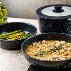 Комплект съдове за готвене Klausberg KB 7858, 5 части, Стъклен капак, Универсална дръжка, Мраморно покритие, Индукция, Черен