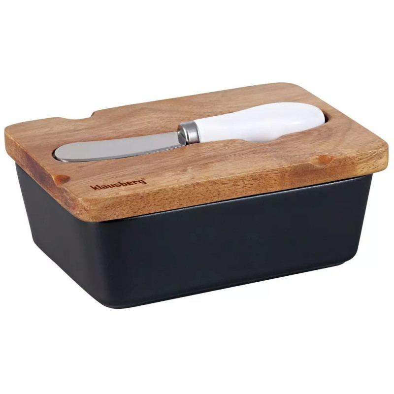 Klausberg KB 7784 Ceramic Butter Dish with Knife, Acacia Wood, Black/Brown