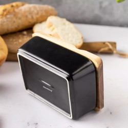 Cutie ceramica si cutit pentru unt Klausberg KB 7784, Capac lemn de salcam, Negru/maro