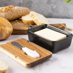 Klausberg KB 7784 Ceramic Butter Dish with Knife, Acacia Wood, Black/Brown