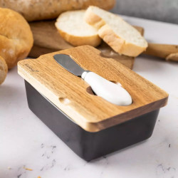 Klausberg KB 7784 Ceramic Butter Dish with Knife, Acacia Wood, Black/Brown