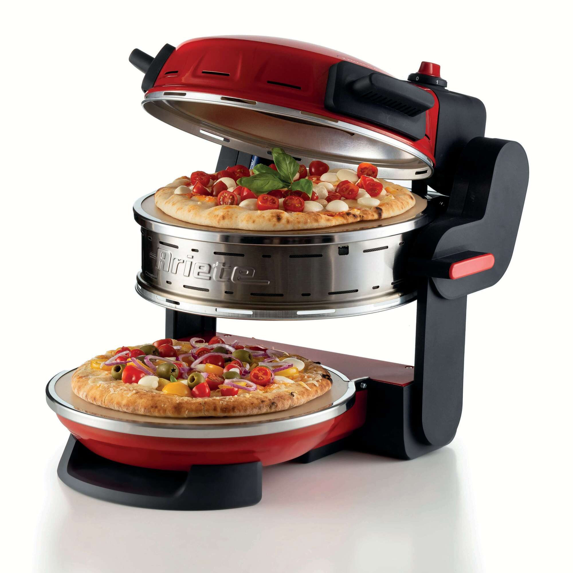 Двойна фурна за пица Ariete PIZZERIA 0927/00, 2300W, 32 см, 2 термостата до 400C, 5 нива, 2 каменни плочи, Незалепващо покритие, Червен