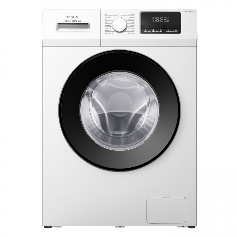 Masina de spalat rufe cu incarcare frontala Tesla WF71460T, 7 kg, 16 programe, 1400 rpm, Motor Inverter, Clasa A, Pornire intarziata, Protectie copii, Alb/Gri