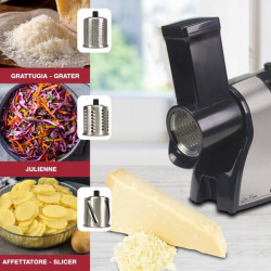 Ηλεκτρικός τρίφτης Beper BP.400, 430W, Ανοξείδωτο ατσάλι, 3 εξαρτήματα, Μεγάλο άνοιγμα, Μαύρο/γκρι