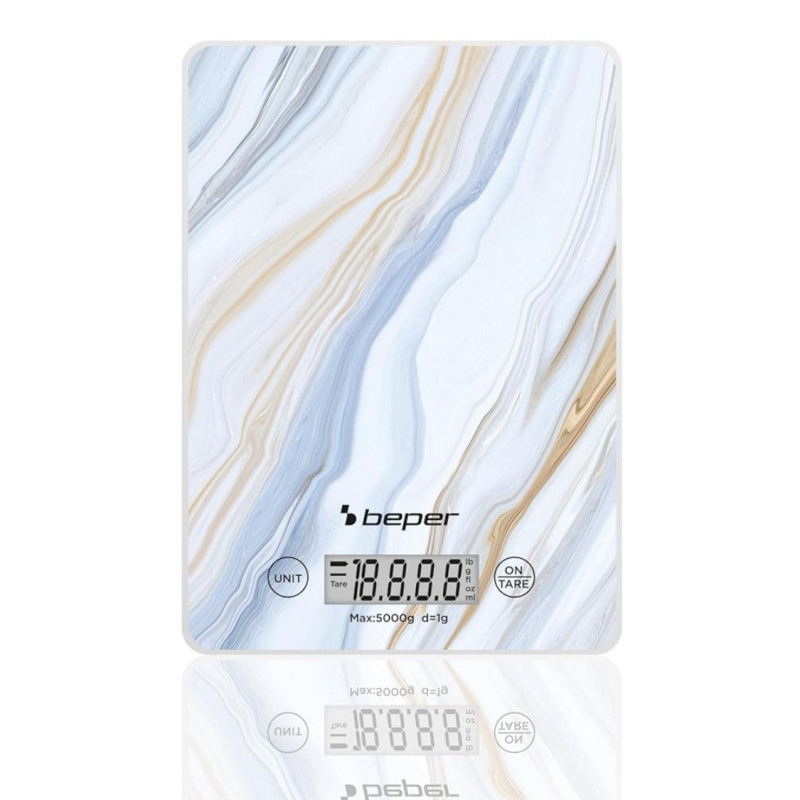 Кухненска везна Beper P102BIL001, До 5 кг, LCD дисплей, Твърди храни и течности, Сензорно управление, Закалено стъкло, Мрамор