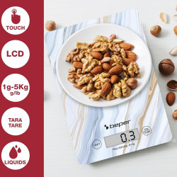 Cantar de bucatarie Beper P102BIL001, Pana la 5 kg, Afișaj LCD, Alimente solide si lichide, Control tactil, Sticla, Marmura