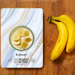 Beper P102BIL001 Kitchen Scale, Up to 5 kg, LCD Display, Solid Foods and Liquids, Touch Controls, Tempered Glass, Marble