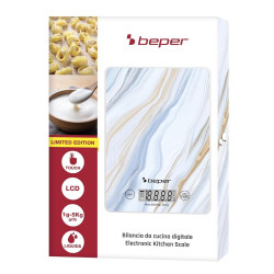 Beper P102BIL001 Kitchen Scale, Up to 5 kg, LCD Display, Solid Foods and Liquids, Touch Controls, Tempered Glass, Marble