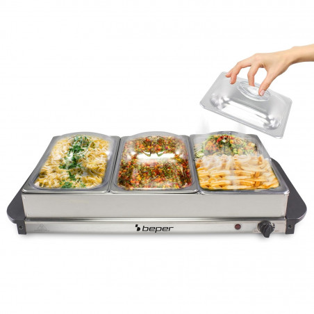 Incalzitor de alimente Beper P101TEM002, 300W, 4 compartimente detasabile, Termostat, Indicator luminos, Inox