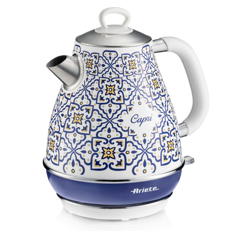 Ariete Capri 2869/0C Electric Kettle, 2000W, 1.7 L, Removable Filter, Water Level Window, 360° Cordless Base, White/Blue