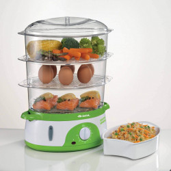 Aparat gatire la aburi Ariete HEALTHY STEAM 0911/01, 800W, 9 L, 3 recipiente, Timer, Alb/Verde