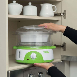 Уред за готвене на пара Ariete HEALTHY STEAM 0911/01, 800W, 9 л, 3 кошници, Таймер, Външно пълнене, Бял/зелен