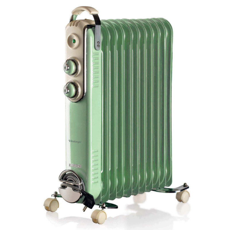 Καλοριφέρ λαδιού Ariete VINTAGE 0839, 2500W, 11 πτερύγια, 3 επίπεδα, Ένδειξη ισχύος, περιστρεφόμενες ρόδες 360°, Πράσινο