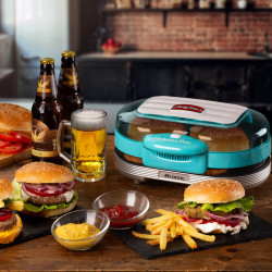 Aparat preparare burgeri Ariete Party Time 0205/01, 1200W, 2 compartimente, Placi neaderente, Tava detasabila, Turcoaz