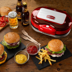 Aparat preparare burgeri Ariete Party Time 0205/00, 1200W, 2 compartimente, Placi neaderente, Tava detasabila, Rosu