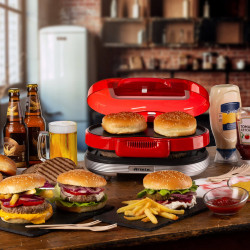 Aparat preparare burgeri Ariete Party Time 0205/00, 1200W, 2 compartimente, Placi neaderente, Tava detasabila, Rosu