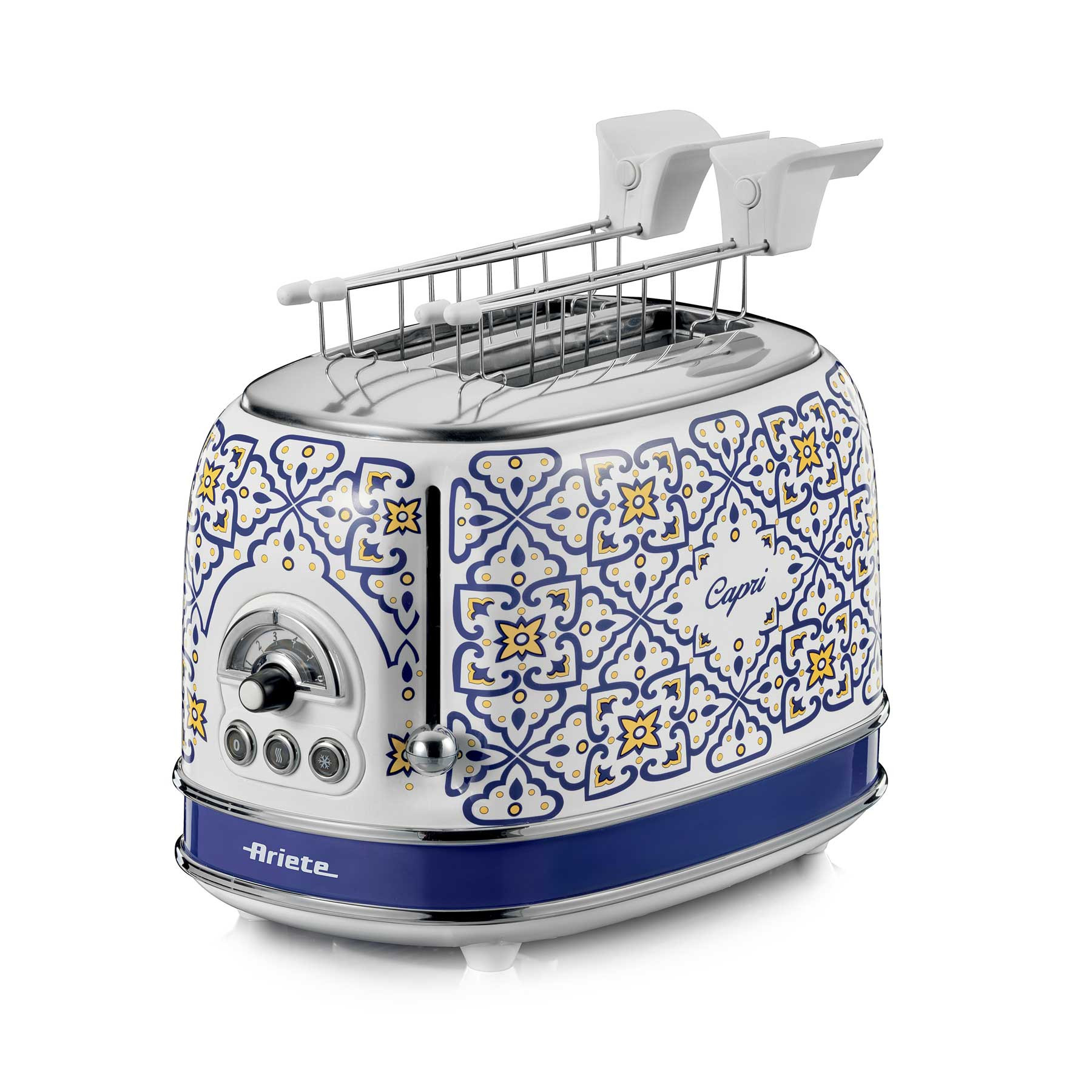Тостер за хляб Ariete Capri 0155/0C, 810W, 2 филии, 3 функции, 6 степени, Подвижна тава за трохи, Бял/Син