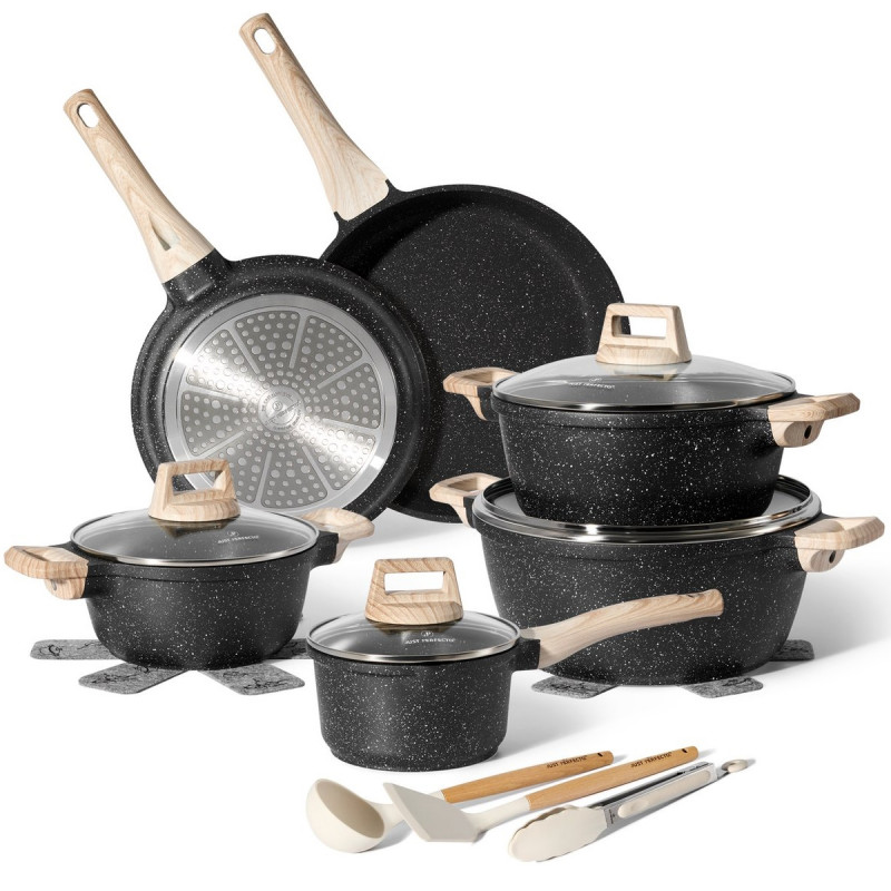 Just Perfecto JL-27 Cookware Set, 15 pcs, Cast Iron, Marble Coating, Induction Compatible, Accessories, Graphite