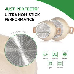 Комплект тенджери и тигани Just Perfecto JL-28, 15 ч, Отливка, Мраморно покритие, Индукция, Аксесоари, Бежов