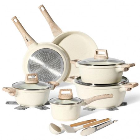 Just Perfecto JL-28 Cookware Set, 15 pcs, Cast Iron, Marble Coating, Induction Compatible, Accessories, Beige