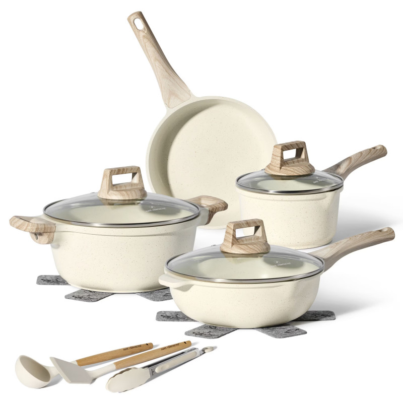 Just Perfecto JL-31 Cookware Set, 12 pcs, Cast Iron, Marble Coating, Induction Compatible, Accessories, Beige