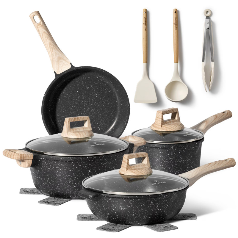 Комплект тенджери и тигани Just Perfecto JL-32, 12 ч, Отливка, Мраморно покритие, Индукция, Аксесоари, Черен