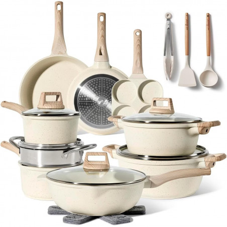 Just Perfecto JL-721 Cookware Set, 21 pcs, Cast Iron, Marble Coating, Induction Compatible, Steamer, Accessories, Beige