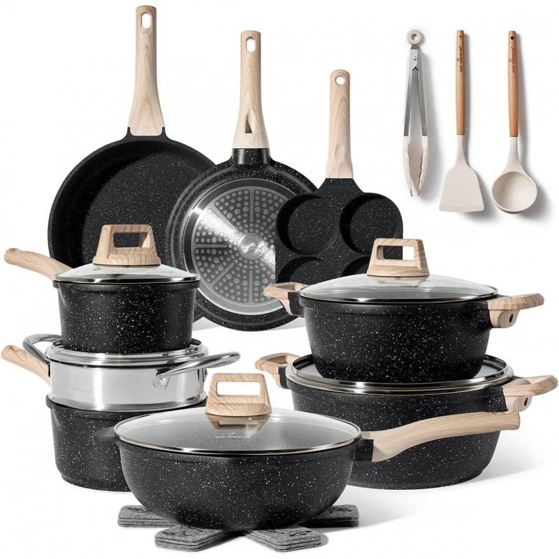 Just Perfecto JL-722 Cookware Set, 21 pcs, Cast Iron, Marble Coating, Induction Compatible, Steamer, Accessories, Black
