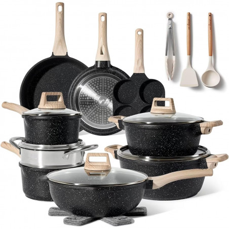 Just Perfecto JL-722 Cookware Set, 21 pcs, Cast Iron, Marble Coating, Induction Compatible, Steamer, Accessories, Black
