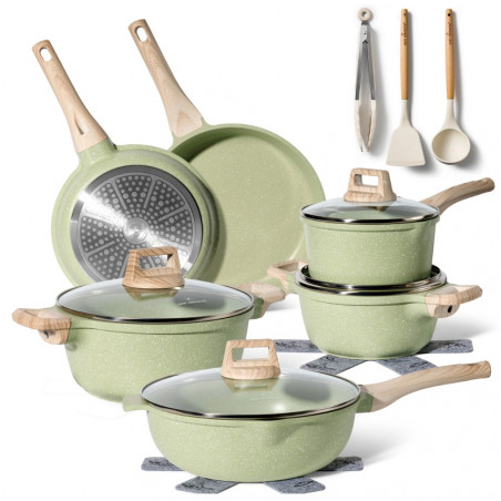 Set oale si tigai Just Perfecto JL-787, 15 piese, Finisaj marmura, Inductie, Accesorii, Verde