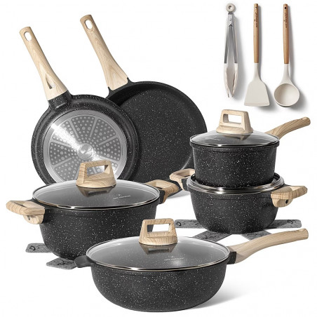 Just Perfecto JL-789 Cookware Set, 15 pcs, Cast Iron, Marble Coating, Induction Compatible, Accessories, Black