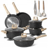Just Perfecto JL-789 Cookware Set, 15 pcs, Cast Iron, Marble Coating, Induction Compatible, Accessories, Black