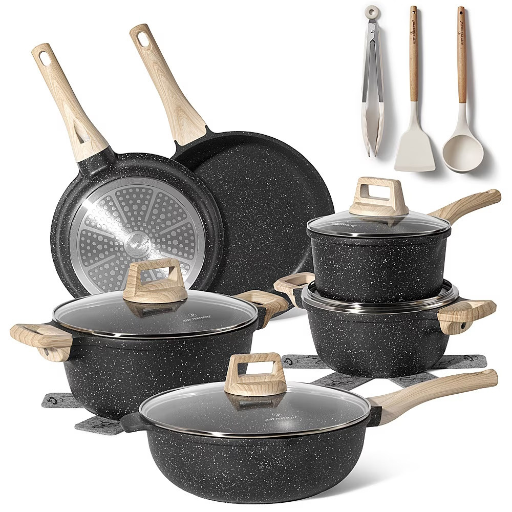 Комплект тенджери и тигани Just Perfecto JL-789, 15 ч, Отливка, Мраморно покритие, Индукция, Аксесоари, Черен