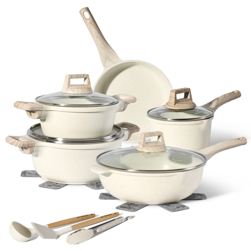 Set oale si tigai Just Perfecto JL-777, 14 piese, Finisaj marmura, Inductie, Accesorii, Bej