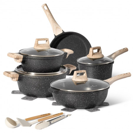 Just Perfecto JL-778 Cookware Set, 14 pcs, Cast Iron, Marble Coating, Induction Compatible, Accessories, Black