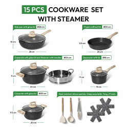 Set oale si tigai Just Perfecto JL-780, 15 piese, Finisaj marmura, Inductie, Oala cu aburi, Accesorii, Negru