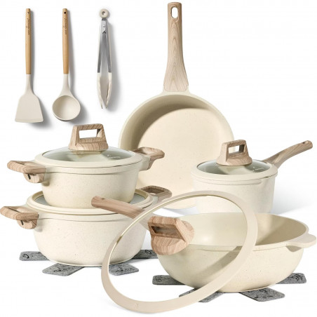 Just Perfecto JL-888 Cookware Set, 14 pcs, Cast Iron, Marble Coating, Induction Compatible, Accessories, Beige
