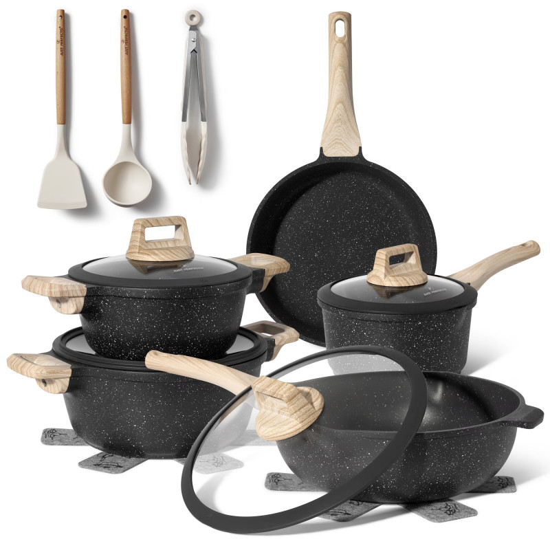 Just Perfecto JL-889 Cookware Set, 14 pcs, Cast Iron, Marble Coating, Induction Compatible, Accessories, Black