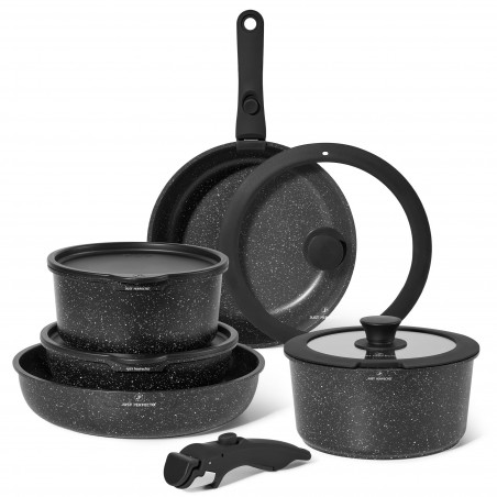 Just Perfecto JL-998 Cookware Set, 11 pcs, Cast Iron, Marble Coating, Induction Compatible, 2 Removable Handles, Black