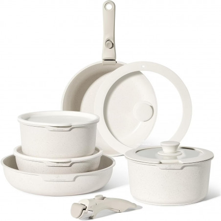 Just Perfecto JL-999 Cookware Set, 11 pcs, Cast Iron, Marble Coating, Induction Compatible, 2 Removable Handles, White/Beige