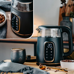 Електрическа кана Adler AD 1305, 1850/2200 W, 1.7 л, Сензорен контрол, Цветен LCD дисплей, Пет температурни настройки 40-100°C, Филтър против утаяване, Черен/златист