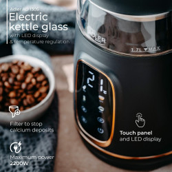 Електрическа кана Adler AD 1305, 1850/2200 W, 1.7 л, Сензорен контрол, Цветен LCD дисплей, Пет 40-100°C, Пет температурни настройки, Филтър против варовик, Черен/златист