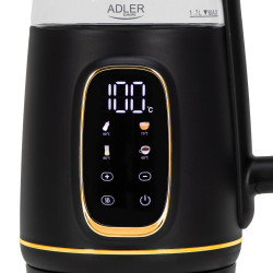 Електрическа кана Adler AD 1305, 1850/2200 W, 1.7 л, Сензорен контрол, Цветен LCD дисплей, Пет температурни настройки 40-100°C, Филтър против утаяване, Черен/златист