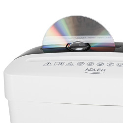 Adler AD 1037 iratmegsemmisítő, 200 W, 13 L, 22 cm-ig, 6 lap egyszerre, CD/DVD és hitelkártya nyílás, automatikus indítás/leállítás, fordított funkció, 69 dB, fehér színű