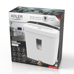 Adler AD 1037 iratmegsemmisítő, 200 W, 13 L, 22 cm-ig, 6 lap egyszerre, CD/DVD és hitelkártya nyílás, automatikus indítás/leállítás, fordított funkció, 69 dB, fehér színű