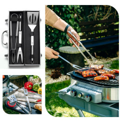 Set ustensile pentru gratar Adler AD 6729, 4 piese, Otel inoxidabil, Carcasa din aluminiu, Orificii de agatare, Argintiu