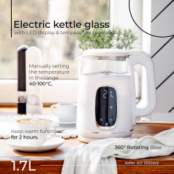 Elektromos vízforraló Adler AD 1305, 1850/2200 W, 1,7 l, érintésvezérlés, színes LCD kijelző, öt hőmérséklet-beállítás 40-100°C, ülepedésgátló szűrő, fehér/arany színű