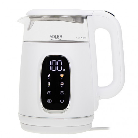 Електрическа кана Adler AD 1305, 1850/2200 W, 1.7 л, Сензорен контрол, Цветен LCD дисплей, Пет температурни настройки 40-100°C, Филтър против утаяване, Бял/златист