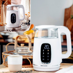 Електрическа кана Adler AD 1305, 1850/2200 W, 1.7 л, Сензорен контрол, Цветен LCD дисплей, Пет температурни настройки 40-100°C, Филтър против утаяване, Бял/златист